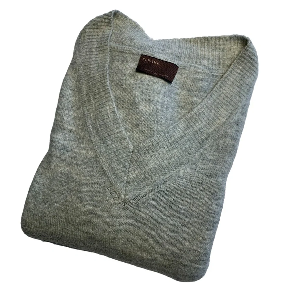 Kerisma Oversized Slouchy V-Neck Sweater Gray Knit Pullover Women's M/L